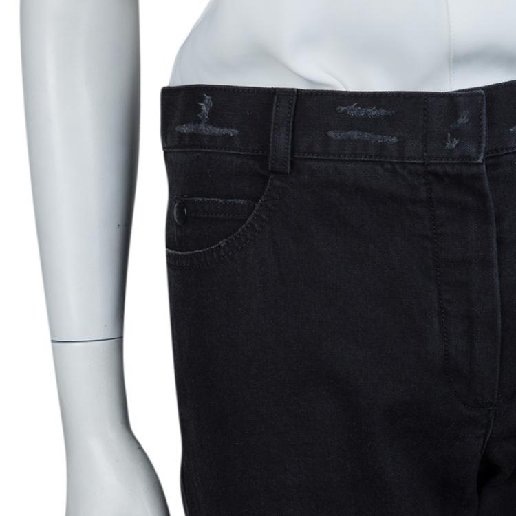 Pre Owned Chanel Black Distressed Denim Embroidered Patch Detail Straight Fit Jeans M
