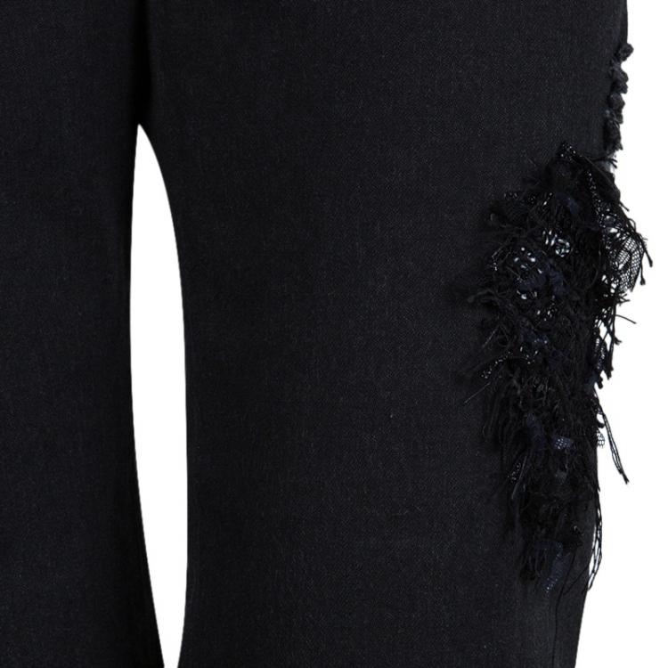 Pre Owned Chanel Black Distressed Denim Embroidered Patch Detail Straight Fit Jeans M