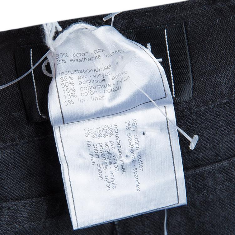 Pre Owned Chanel Black Distressed Denim Embroidered Patch Detail Straight Fit Jeans M