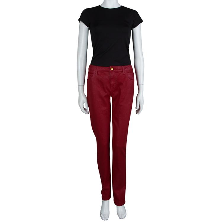 Pre Owned Chanel Red Metallic Finish Jeans L