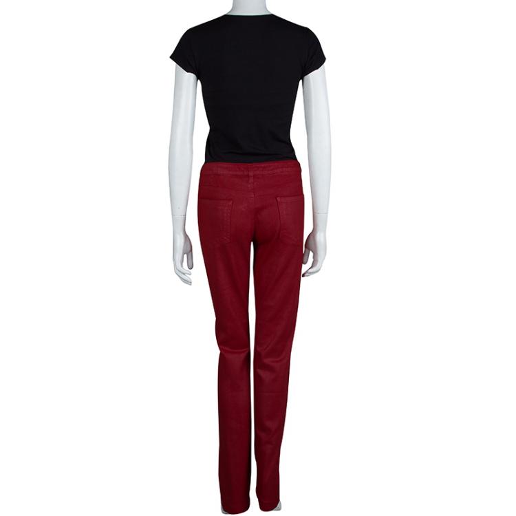 Pre Owned Chanel Red Metallic Finish Jeans L
