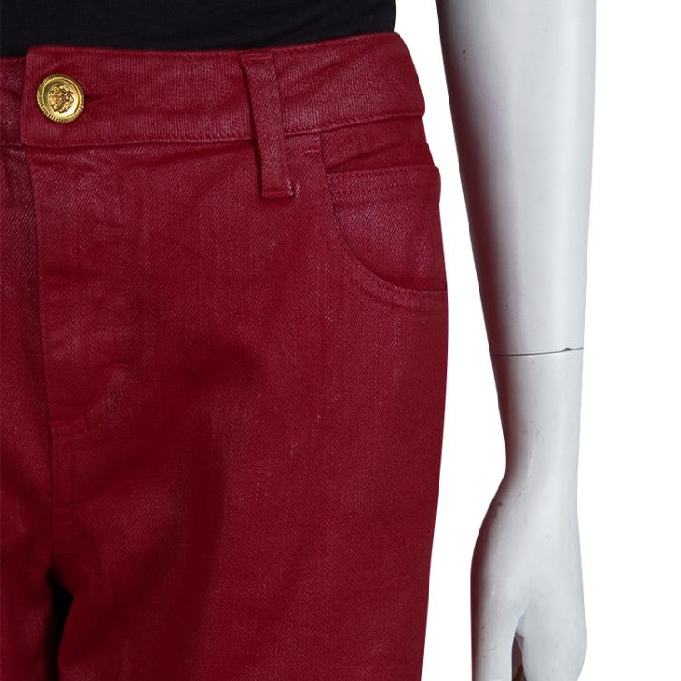 Pre Owned Chanel Red Metallic Finish Jeans L