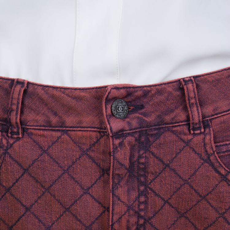 Pre Owned Chanel Red Stone-Washed Denim Topstitch Detail Jeans M