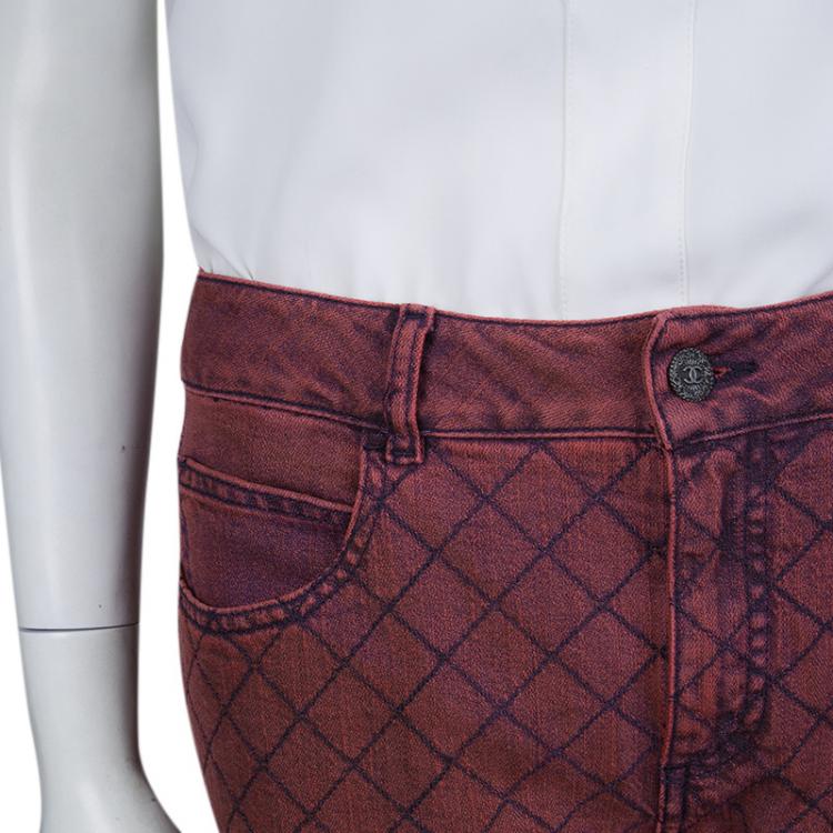 Pre Owned Chanel Red Stone-Washed Denim Topstitch Detail Jeans M