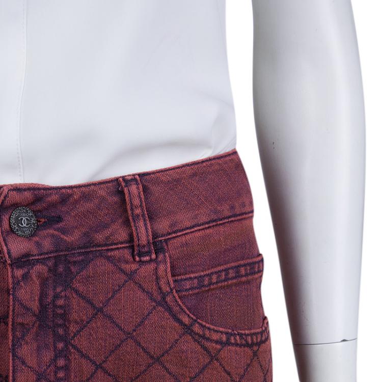 Pre Owned Chanel Red Stone-Washed Denim Topstitch Detail Jeans M