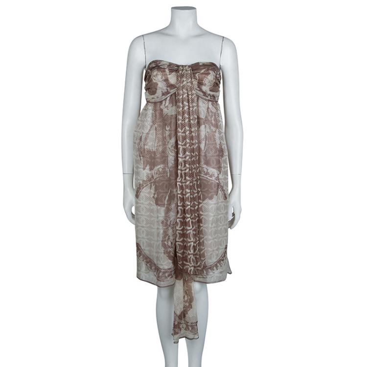 Pre Owned Chanel Beige Printed Silk Halter Dress M