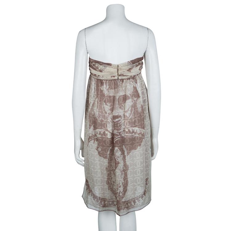 Pre Owned Chanel Beige Printed Silk Halter Dress M