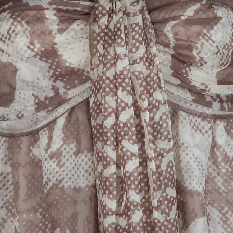 Pre Owned Chanel Beige Printed Silk Halter Dress M