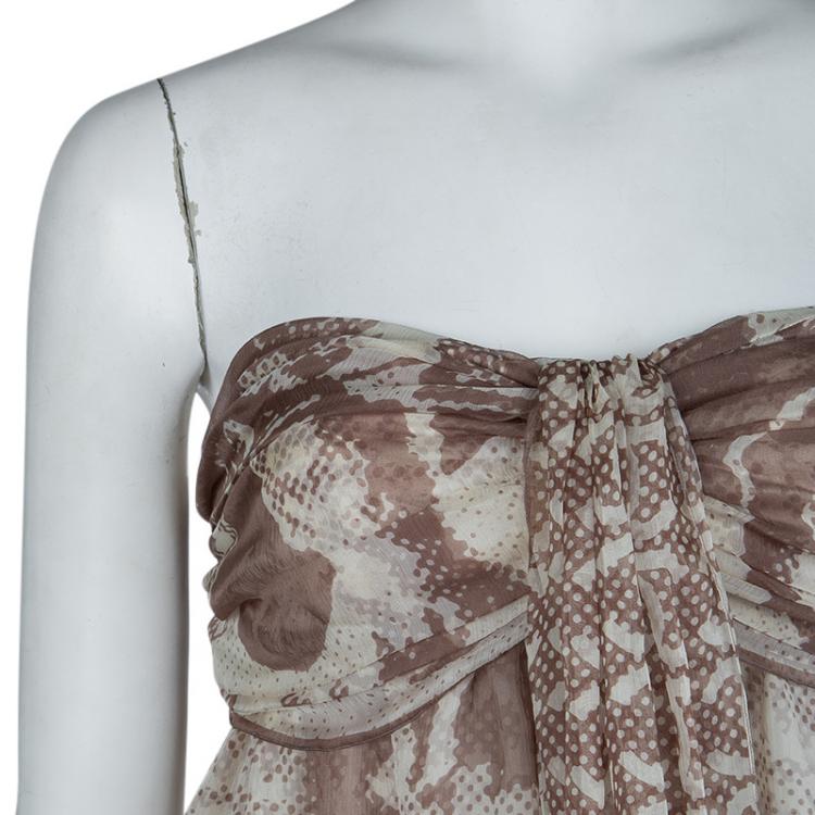 Pre Owned Chanel Beige Printed Silk Halter Dress M