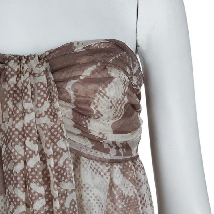 Pre Owned Chanel Beige Printed Silk Halter Dress M