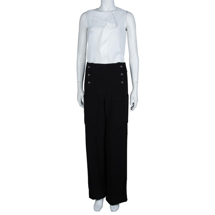 Pre Owned Chanel Black Wool High Waist  Wide Leg Trousers L