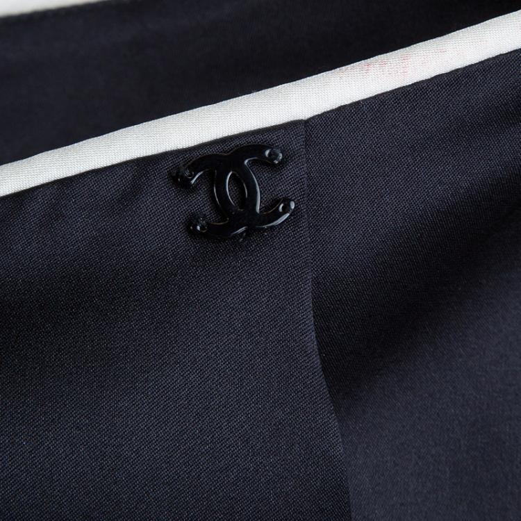 Pre Owned Chanel Black Contrast Piping Detail Flared Silk Trousers M