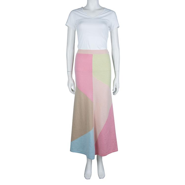 Pre Owned Chanel Multicolor Colorblock Pastel Cashmere Intarsia Midi Skirt M