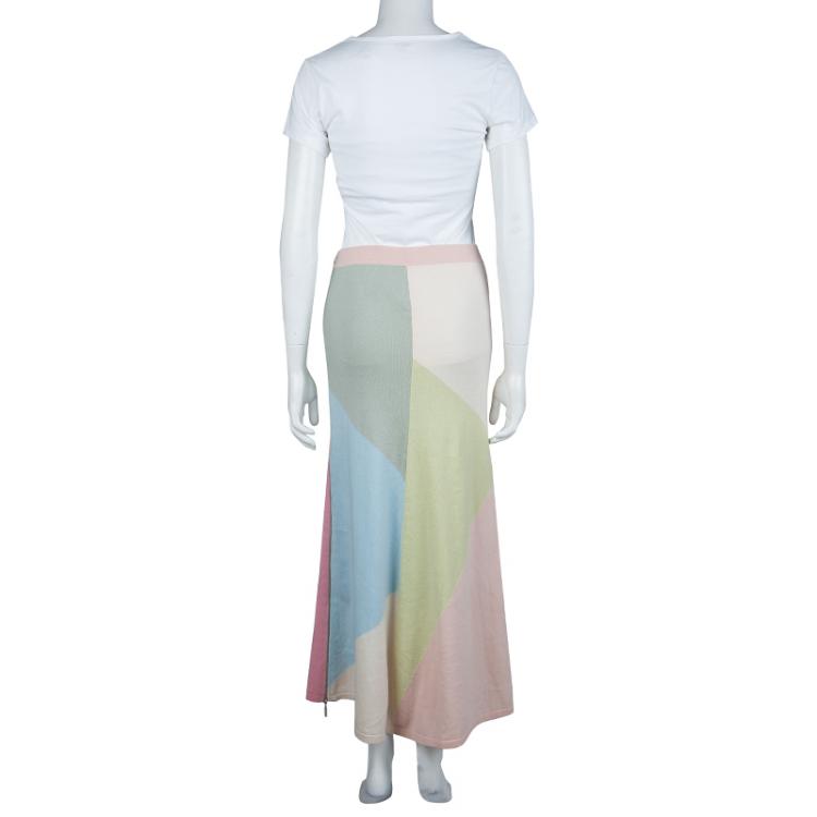 Pre Owned Chanel Multicolor Colorblock Pastel Cashmere Intarsia Midi Skirt M