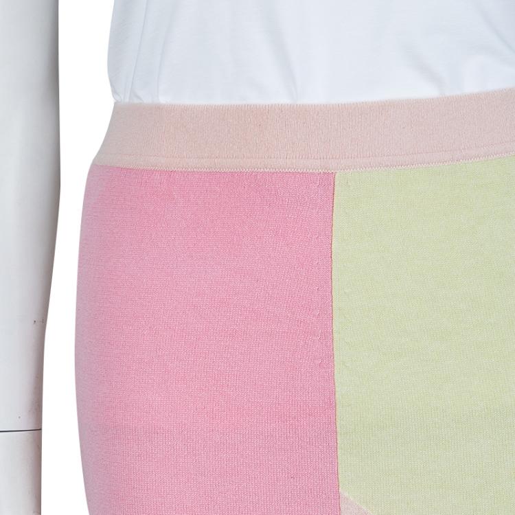 Pre Owned Chanel Multicolor Colorblock Pastel Cashmere Intarsia Midi Skirt M