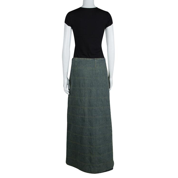 Pre Owned Chanel Vintage Washed Denim Quilted Maxi Skirt M
