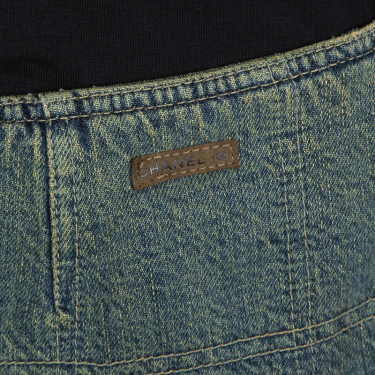 Pre Owned Chanel Vintage Washed Denim Quilted Maxi Skirt M