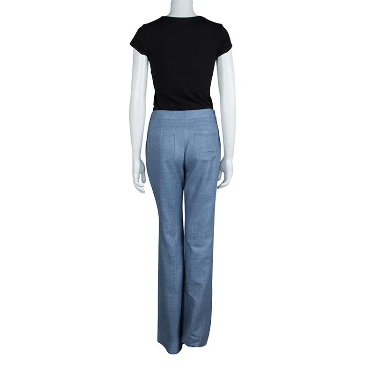 مملوكة مسبقًا Chanel Blue Textured Silk Wide Leg Trousers M