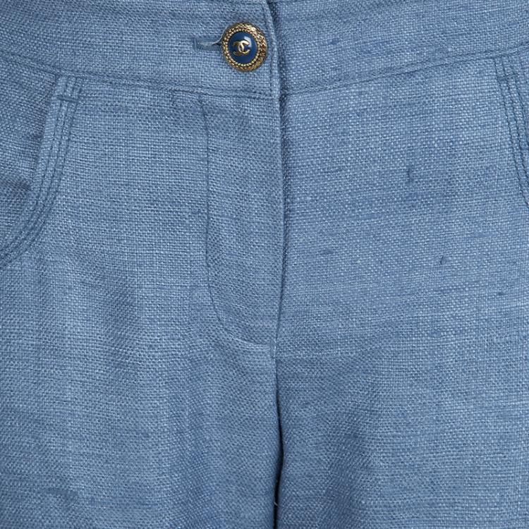 مملوكة مسبقًا Chanel Blue Textured Silk Wide Leg Trousers M