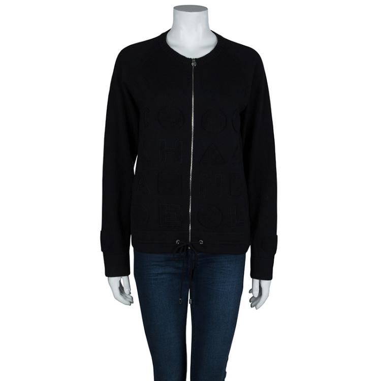 Pre Owned Chanel Black Chenille Embroidered Zip Front Cashmere Cardigan M
