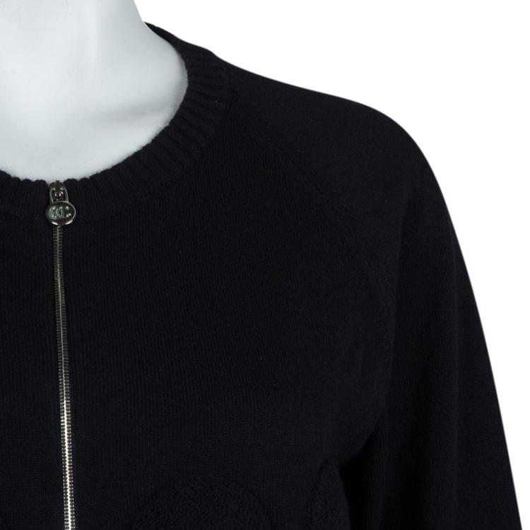 Pre Owned Chanel Black Chenille Embroidered Zip Front Cashmere Cardigan M