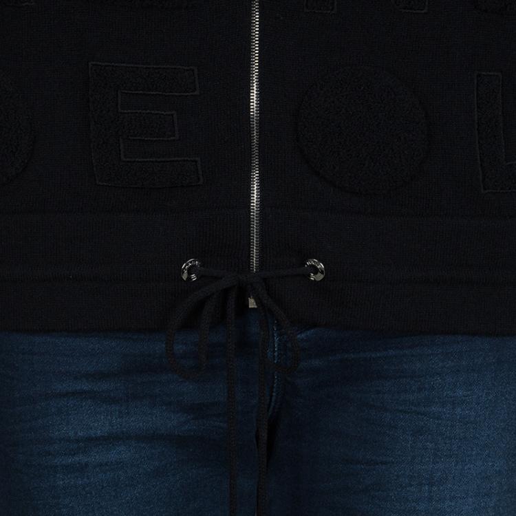 Pre Owned Chanel Black Chenille Embroidered Zip Front Cashmere Cardigan M