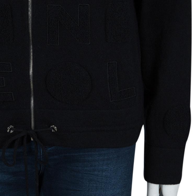 Pre Owned Chanel Black Chenille Embroidered Zip Front Cashmere Cardigan M