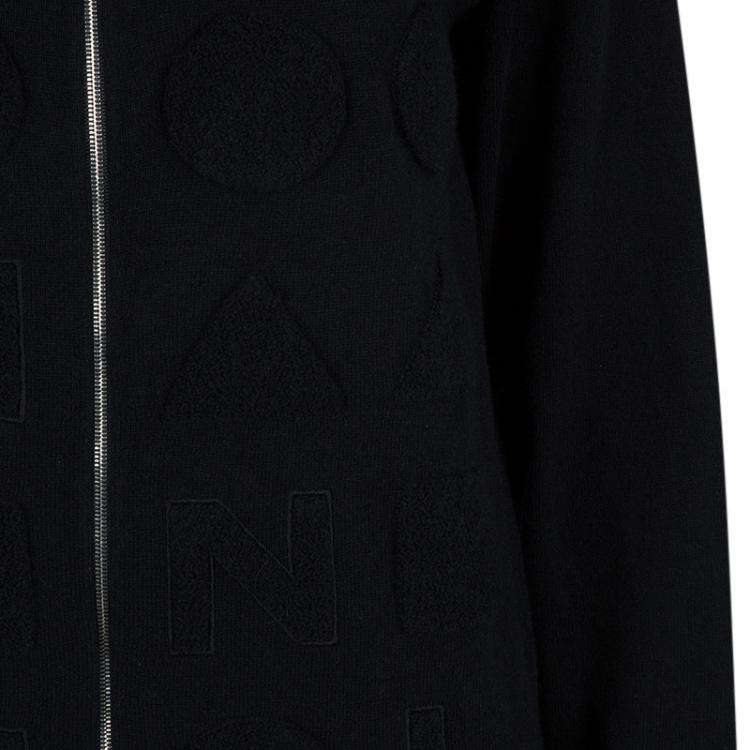 Pre Owned Chanel Black Chenille Embroidered Zip Front Cashmere Cardigan M