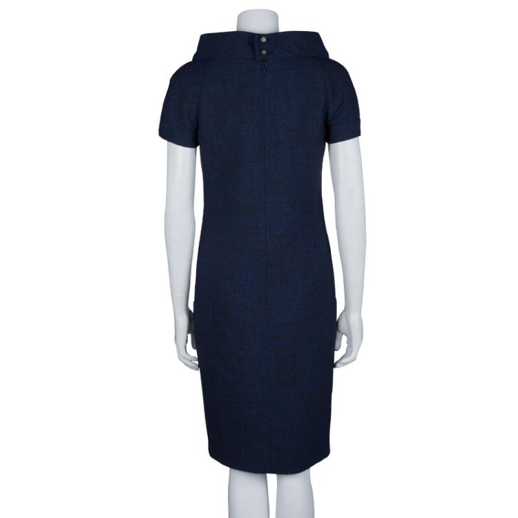 Pre Owned Chanel Navy Blue High Collar Textured Wool Dress M