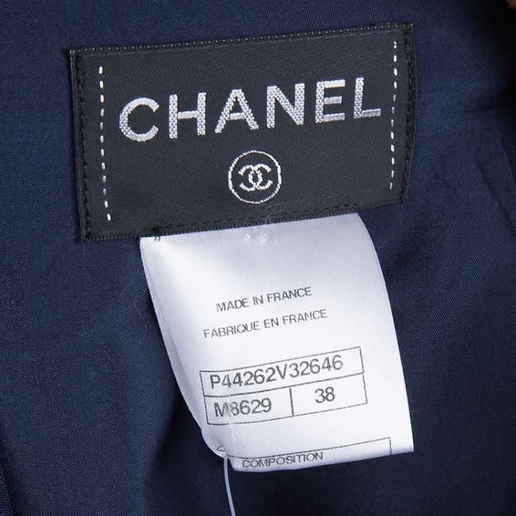 Pre Owned Chanel Navy Blue High Collar Textured Wool Dress M