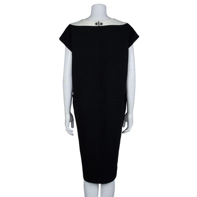 Pre Owned Chanel Monochrome Drawstring Waist Detail Wool Dress L