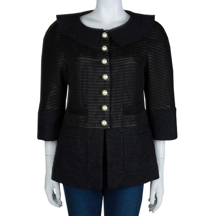 Chanel Black Textured Pearl Button Jacket L Chanel