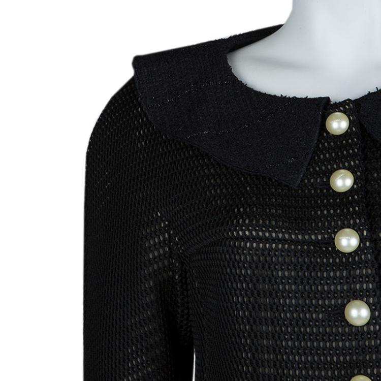 Pre Owned Chanel Black Textured Pearl Button Jacket  L