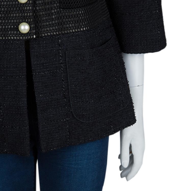Pre Owned Chanel Black Textured Pearl Button Jacket  L