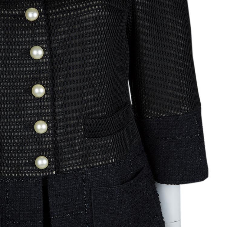 Pre Owned Chanel Black Textured Pearl Button Jacket  L
