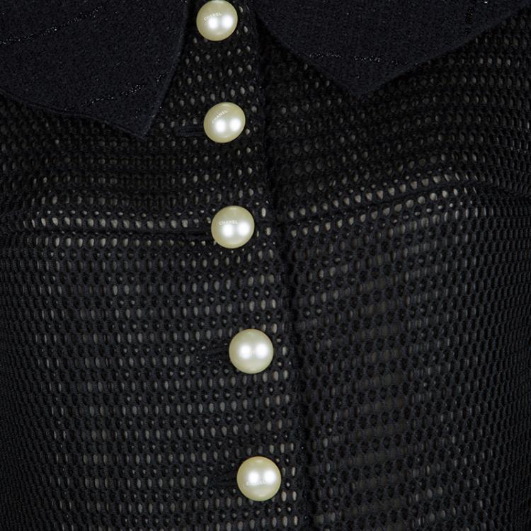 Pre Owned Chanel Black Textured Pearl Button Jacket  L