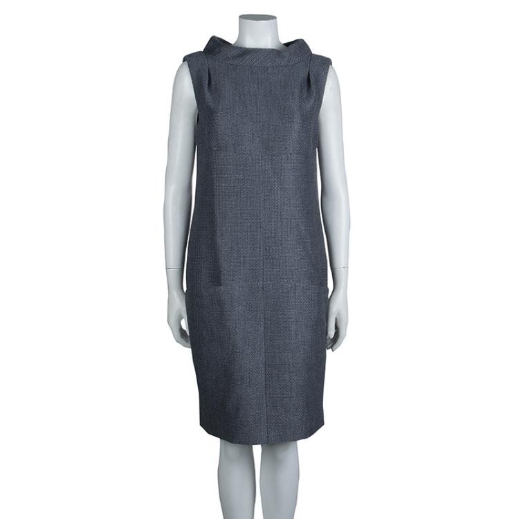 Pre Owned Chanel Grey Textured Wool Sleeveless Dress L