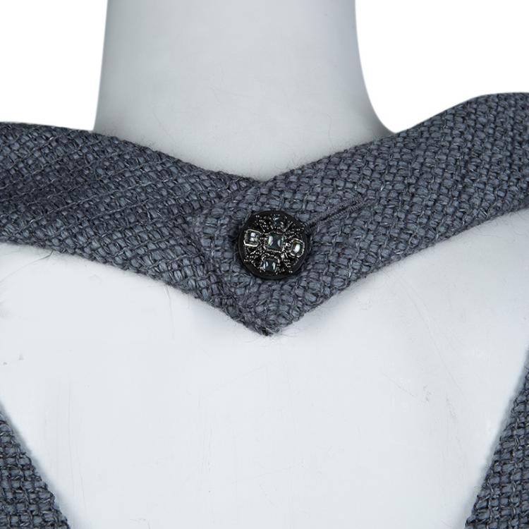 Pre Owned Chanel Grey Textured Wool Sleeveless Dress L