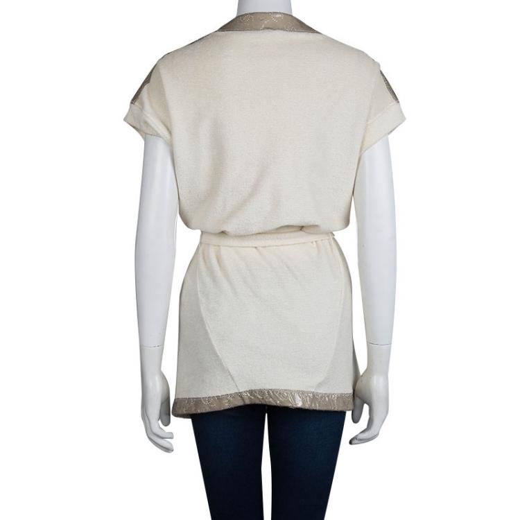 Pre Owned Chanel Beige Terrycloth Vinyl Panel Detail Belted Robe M