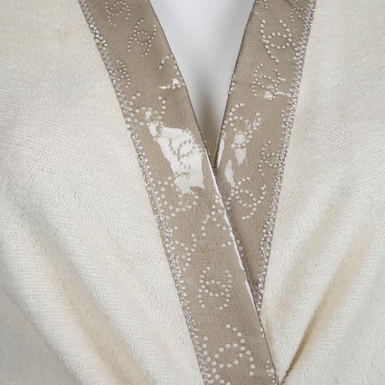Pre Owned Chanel Beige Terrycloth Vinyl Panel Detail Belted Robe M