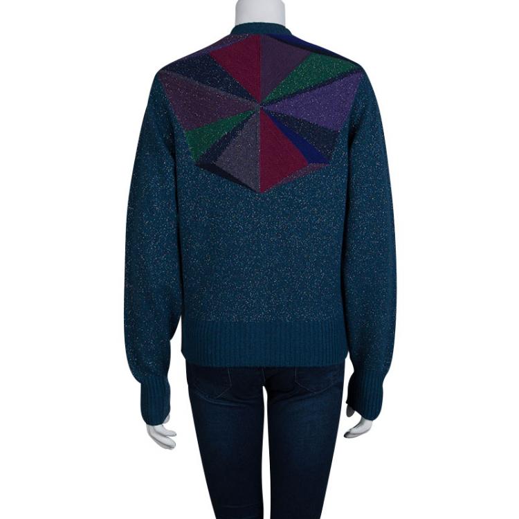 Pre Owned Chanel Peacock Blue Lurex Knit Button Front Cashmere Cardigan M 