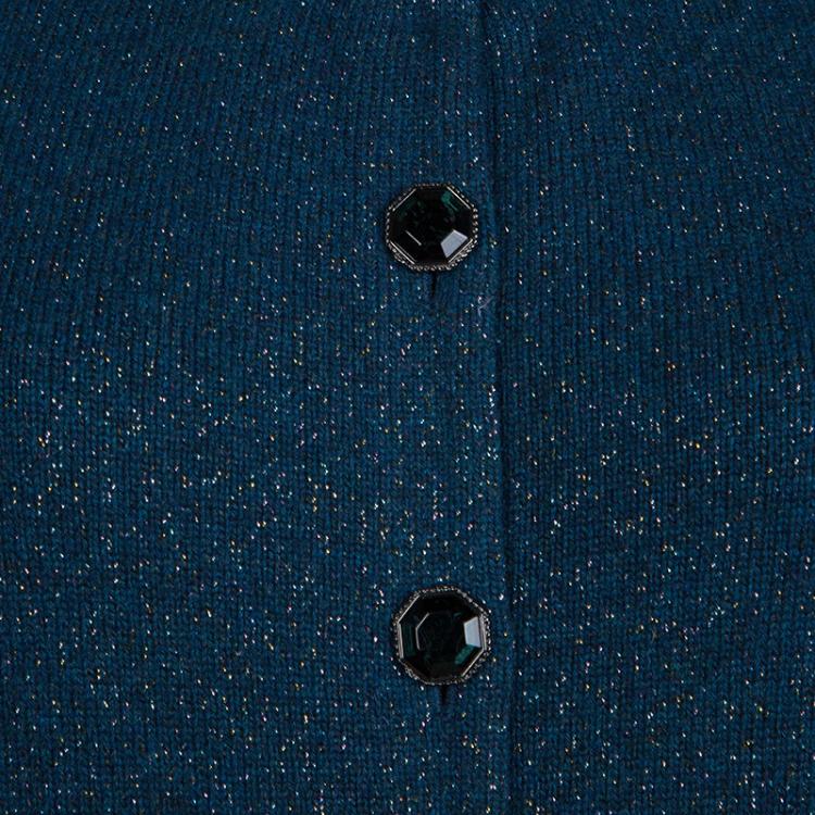 Pre Owned Chanel Peacock Blue Lurex Knit Button Front Cashmere Cardigan M 
