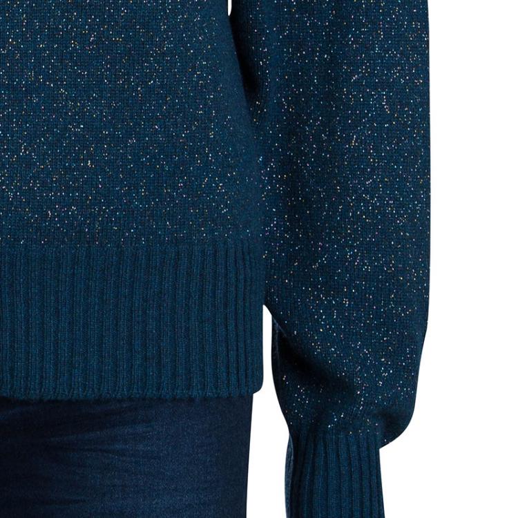 Pre Owned Chanel Peacock Blue Lurex Knit Button Front Cashmere Cardigan M 