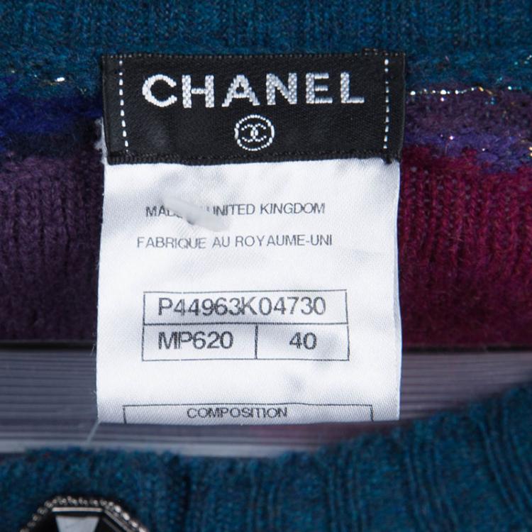 Pre Owned Chanel Peacock Blue Lurex Knit Button Front Cashmere Cardigan M 