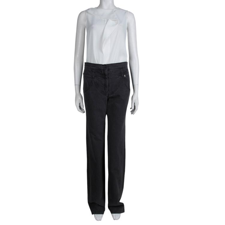 Pre Owned Chanel Grey Denim High Waist Wide Leg Jeans M