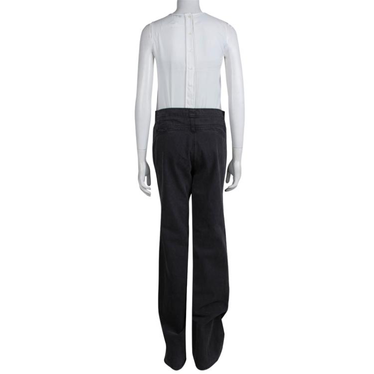 Pre Owned Chanel Grey Denim High Waist Wide Leg Jeans M