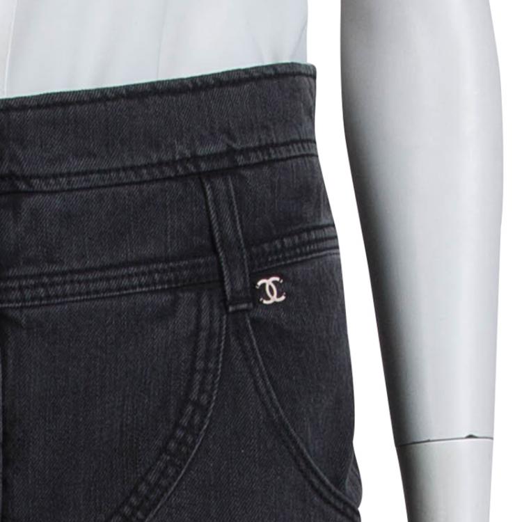 Pre Owned Chanel Grey Denim High Waist Wide Leg Jeans M