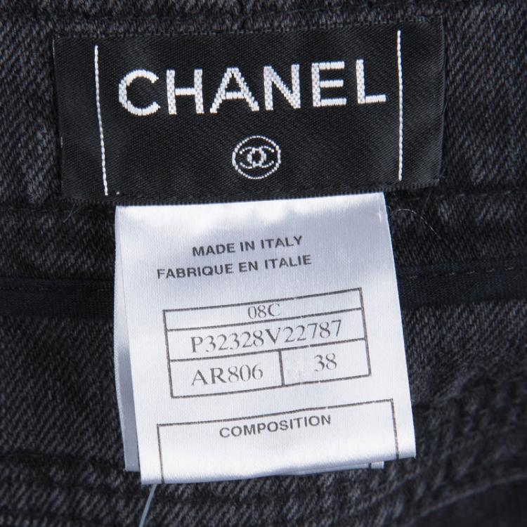 Pre Owned Chanel Grey Denim High Waist Wide Leg Jeans M