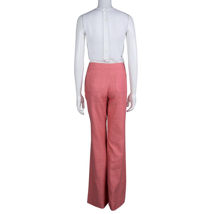 Pre Owned Chanel Pink Textured Silk Wide Leg Trousers L