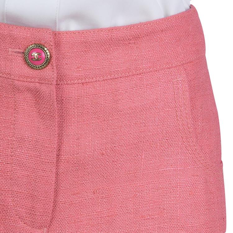 Pre Owned Chanel Pink Textured Silk Wide Leg Trousers L